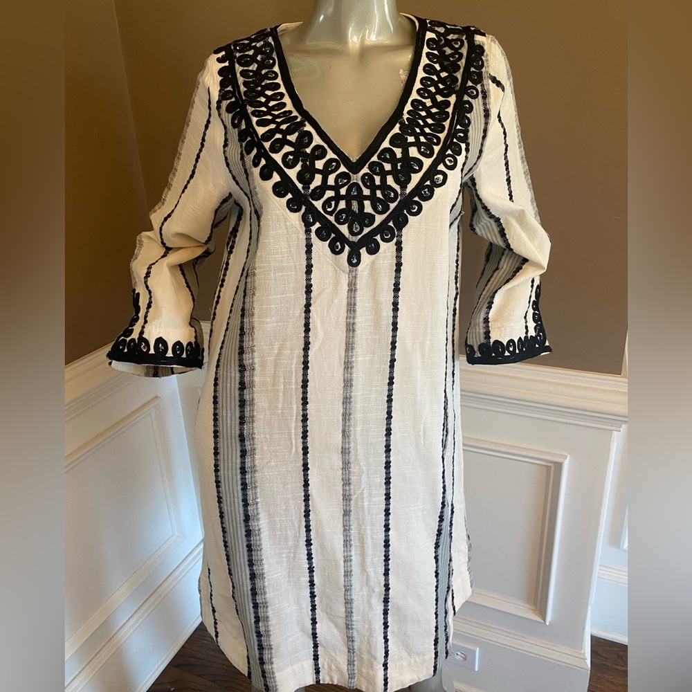 Soft Surroundings ivory V-Neck Tunic 100% Cotton Striped Dress size S